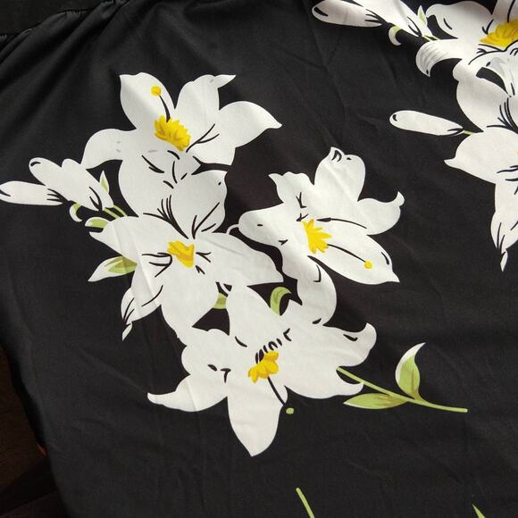 Styleword Black Cold Shoulder Maxi Dress XL pockets white lilies empire waist - Picture 7 of 15